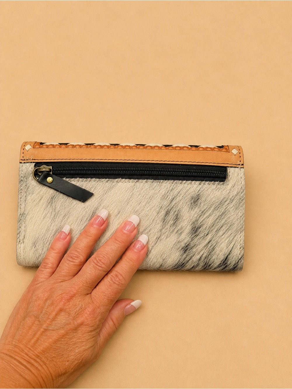 Women's Haircalf Zip Wallet in Natural Gray and Tan